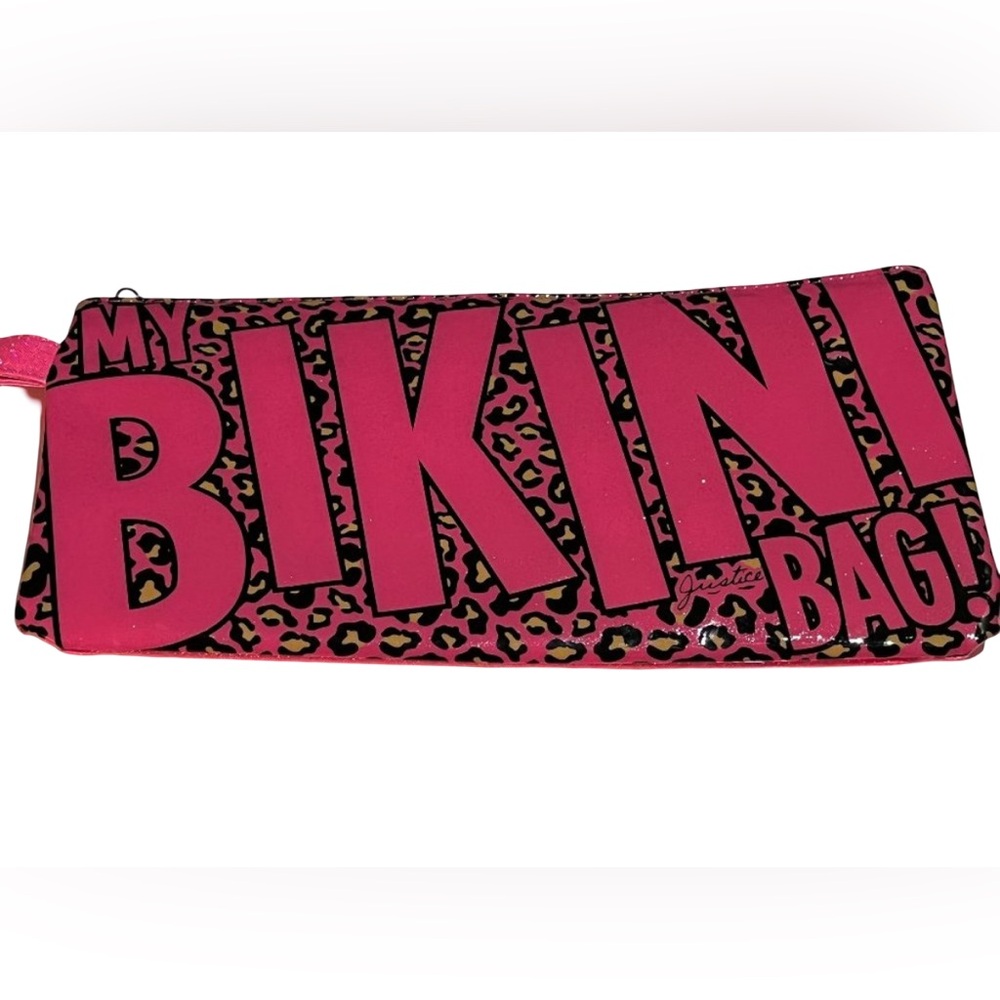 NWT Justice adorable pink lepoard sparkly bikini bag with zipper